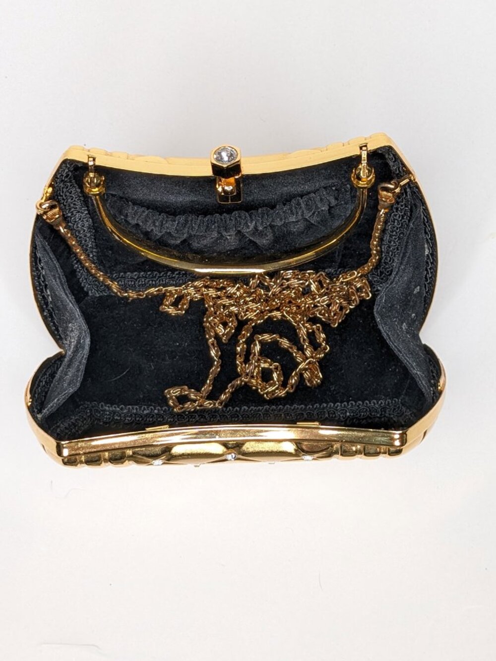 Vintage Gold Hard Shell Rhinestone Evening Bag Metal Box Clutch Crossbody Purse - Picture 8 of 14
